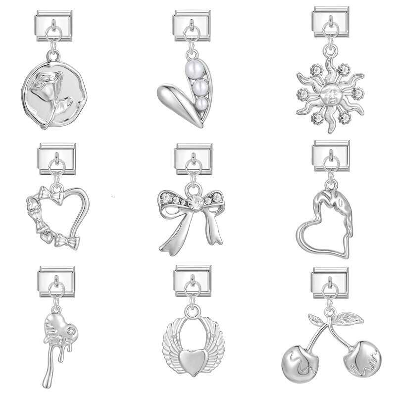 New Women's Gift cat heart flower Pendant Italian Charms Links Bangle Beads Fit 9mm Stainless Steel Bracelet Making DIY For Women Fashion Jewelry