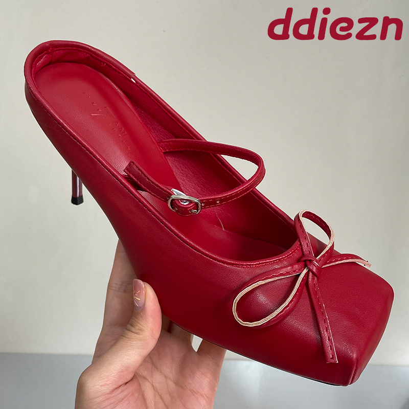 2025 new Red Female Pumps Footwear Women Mules Slippers New Fashion Butterfly-Knot Ladies Thin High Heels Slides Shoes bbfb