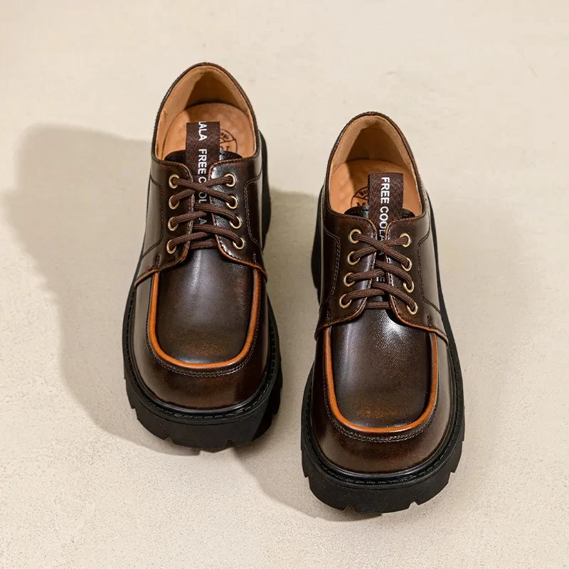 New Women's Oxford Shoes Lace Up Loafers Retro Style Split Leather Material Chunky Platform Round Toe Handmade Shoes