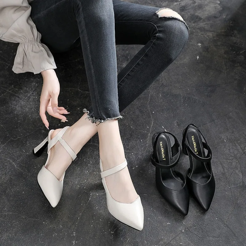 Women High Heels Sandals Shoes Pointed Toe Thick Heel Soft Sexy Pu Leather Slip on Pumps Solid Color Casual Party Office Shoes