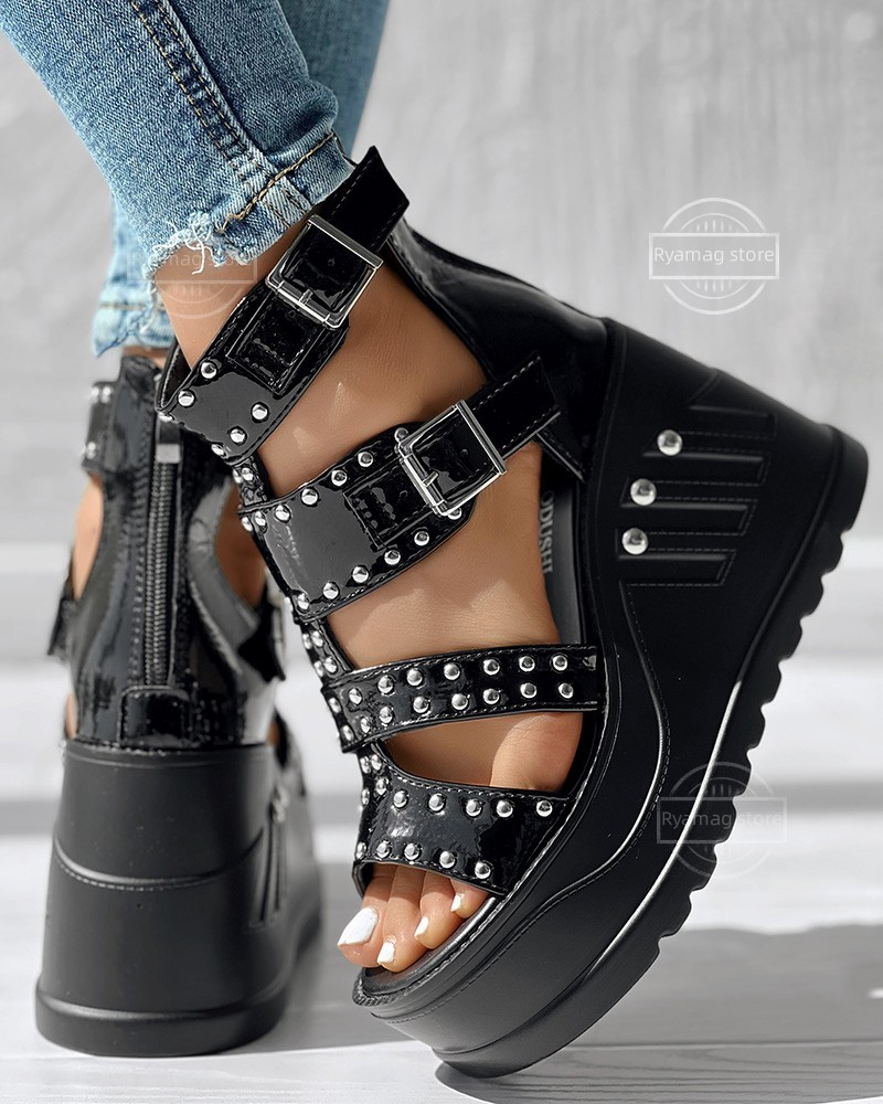 Sandals Women's Studded Buckled Hollow Platform Wedge Ankle Boots Shoes Women's Gladiator Platform High Heels Peep-toe Sandals