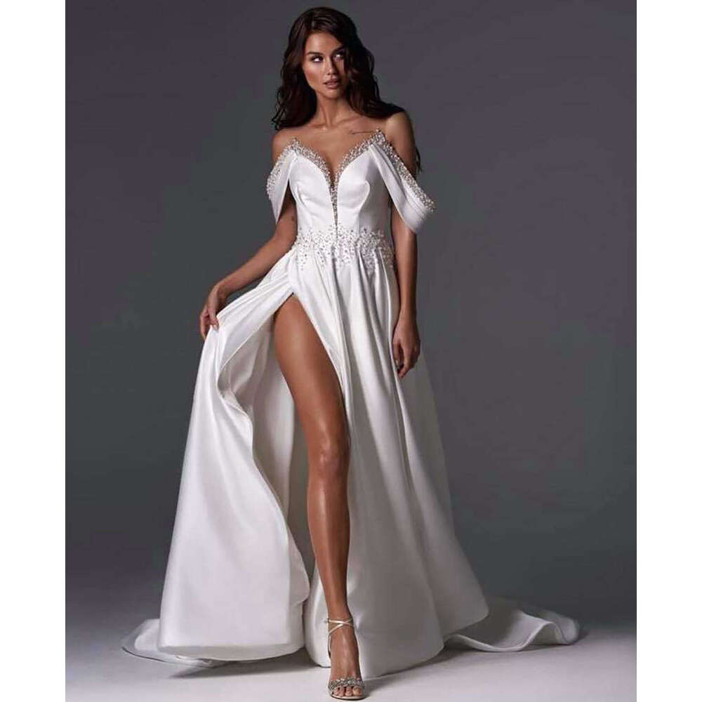 Gorgeous Wedding Dresses A-E V-Neck Split Off The Shoulder Pearls Or-Length Long Bridal Gown Vestido De Novia Custom Made 0228Lz