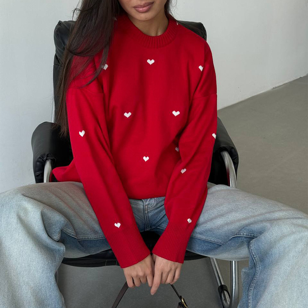 Heart Knitted Printing Solid Sweater Long Sleeve Women Round Neck Casual Ribbed Knitting Pullover Tops Office Ladies 2024 Fashion