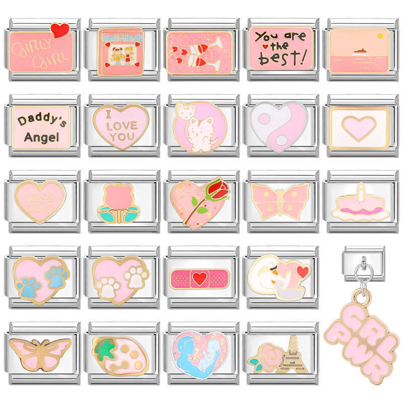 New Women's Gift Sweet pink heart Pendant Italian Charms Links Bangle Beads Fit 9mm Stainless Steel Bracelet Making DIY For Women Fashion Jewelry