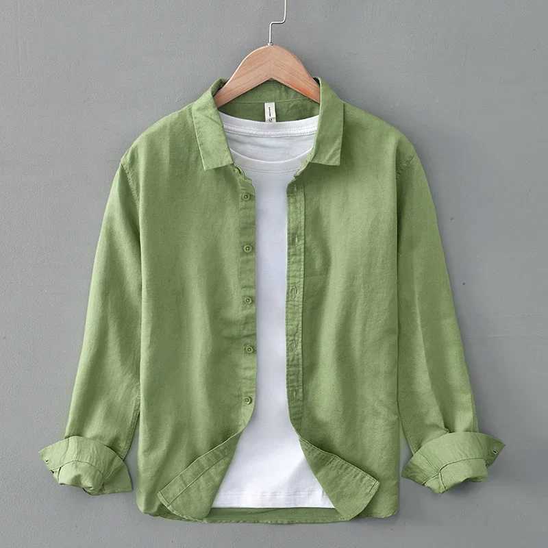 Green Cotton Linen Casual Shirts For Men Basic Classic Long Sleeve Turn-down Collar Breathable Clothing Z240914