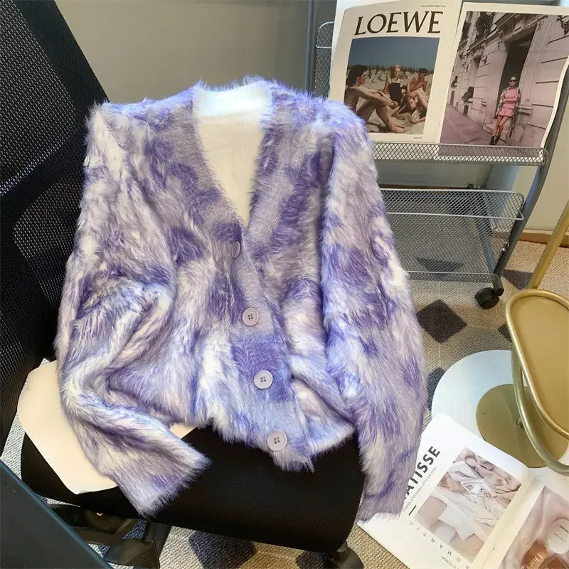 Korean Lazy Plush Knitted Cardigan Sweater Female Top Spring and Autumn Season Long Sleeve V Neck Soft Knit 240904