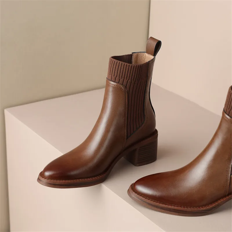 New Spring Autumn Split Leather Women Shoes Pointed Toe Short Boots for Women Chunky Heel High Heel Boots Versatile Ladies Shoes