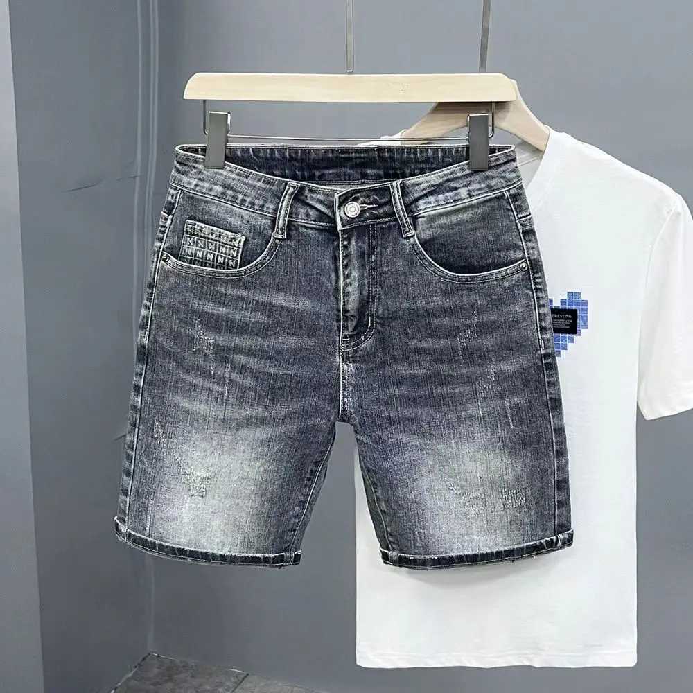 Mens Summer Streetwear Designer Clothes Vintage Printed Knee-Length Denim Shorts for Men Stretchy and Breathable Casual JeansX240914
