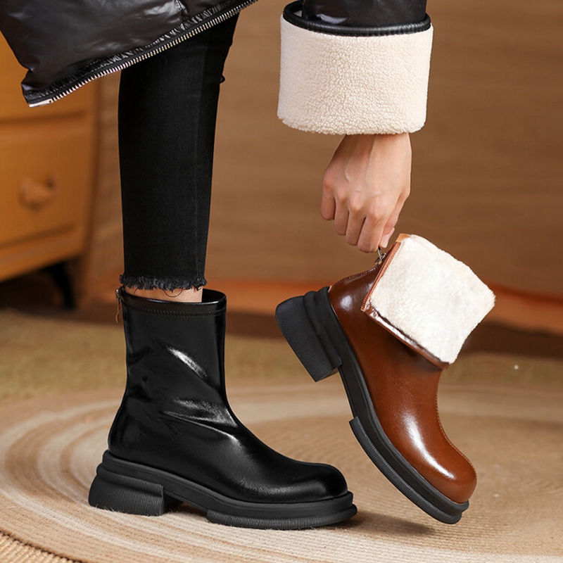 Winter NEW Round Toe High Shoes Split leather for Women Chunky Heel Black Warm Wool Boots 7447