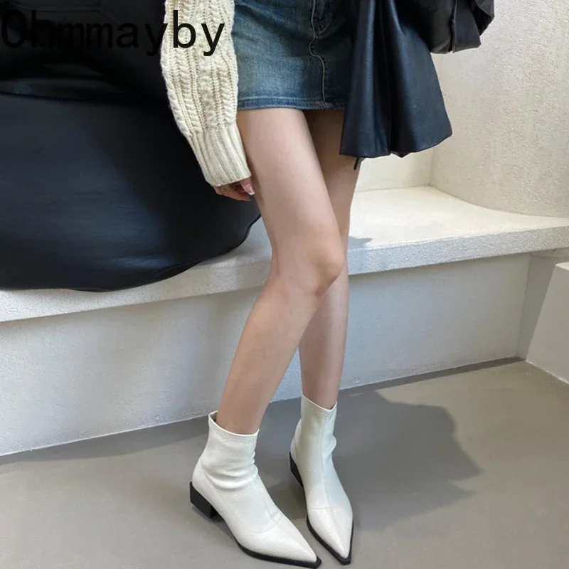 Toe Pointed Women Ankle Boots Fashion Thick Heel Slimming Short Booties Autumn Winter Soft Leather Female Shoes 2d1e