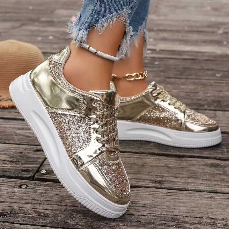 Women's Gold Sequins Platform Sneakers Autumn Fashion Casual Sports Thick Bottom Vulcanized Woman Flats Heels Shoes