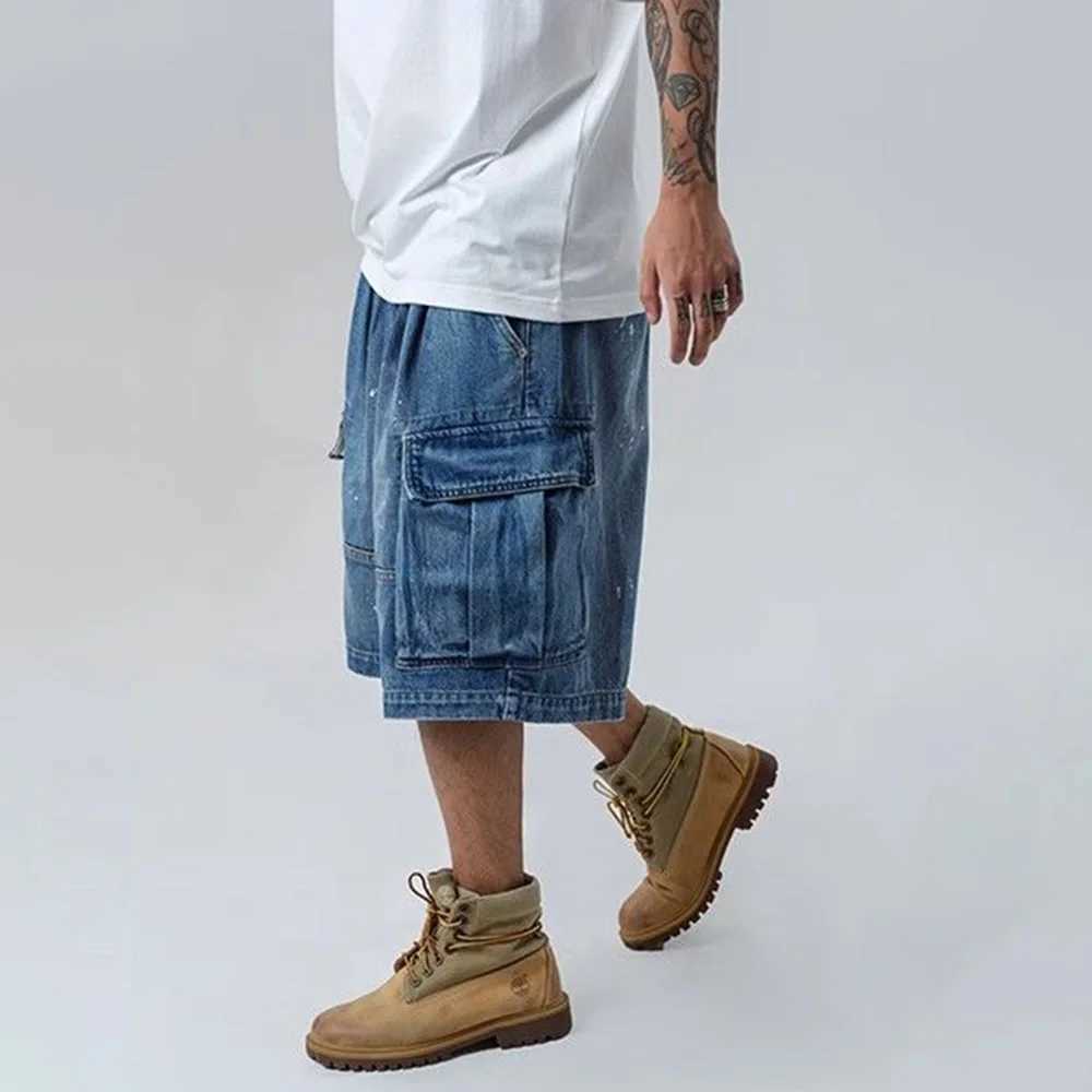 Mens Y2k Workwear Multi-Pocket Denim Shorts 2024 Summer Fashion Trend High Street Loose Straight Wide-Leg Five-Point Pants MenX240914