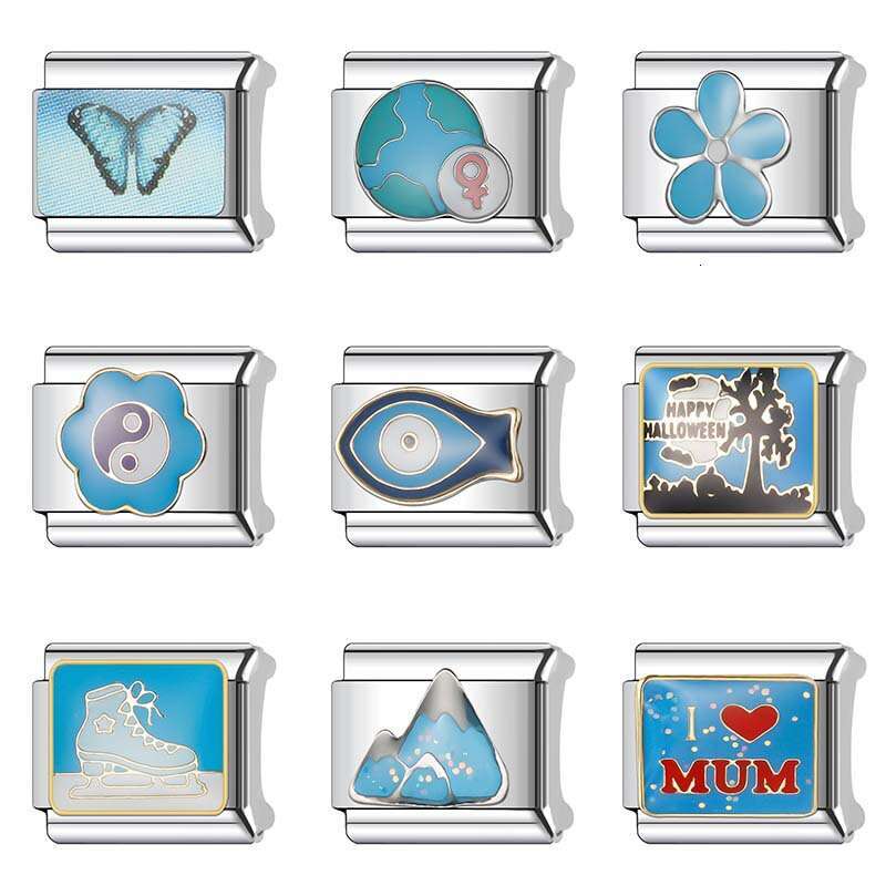 New Women's Gift blue butterfly Bead Italian Charms Links Bangle Beads Fit 9mm Stainless Steel Bracelet Making DIY For Women Fashion Jewelry