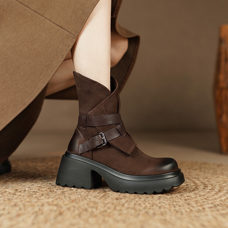 Autumn NEW Genuine Leather Round Toe Platform Belt Buckle Casual Solid Thick Heel Short Boots for Women b61c