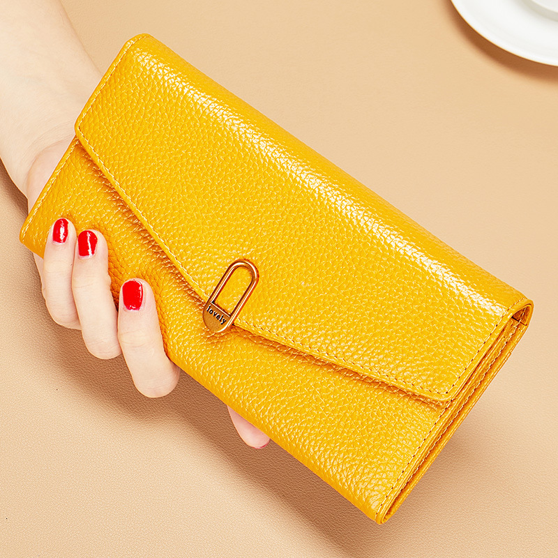 Pure cowhide yellow lucky wallet women's long 2024 new zipper for phone, large capacity leather wallet, thin