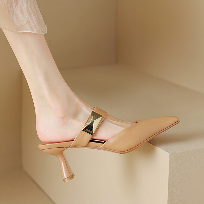 NEW Summer Women Mules Split Leather Shoes for Women Square Toe High Heel Slippers Cover Toe Slingback Sandals Metal Buckle Shoe