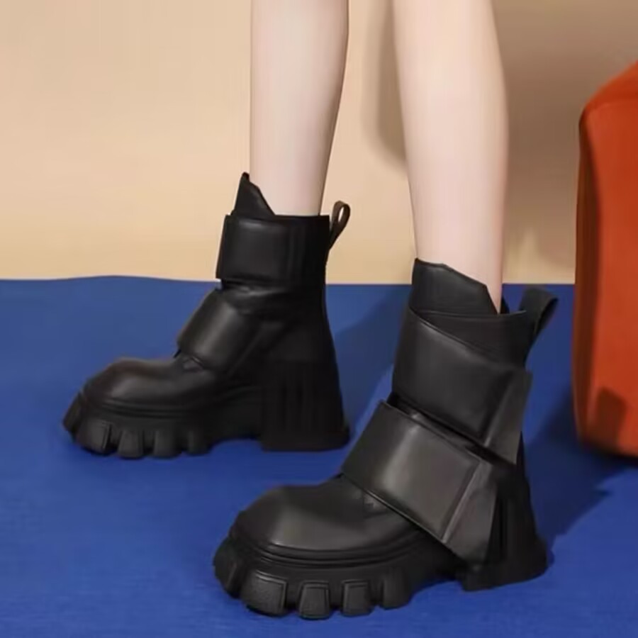 Women Motorcycle NEW Chunky Platform Square head Mid-Calf Lace Up Bandage Winter Casual Black Ankle Boots 7bae