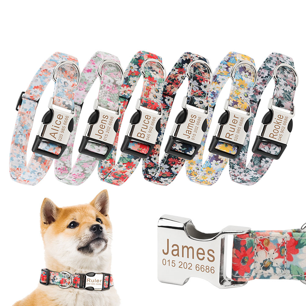 Dog Collar, Cute Floral Dog Collar with Engraved Nameplate ID Metal Buckle and Matching Leash for Small Medium Large Dog Cats