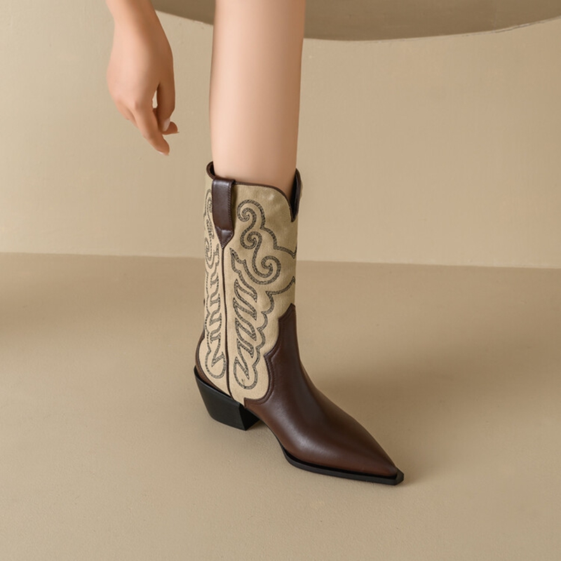 NEW Autumn Women Boots Pointed Toe Chunky Heel Shoes Split Leather Shoes for Women Slip-on Short Boots Embroider Western Boots