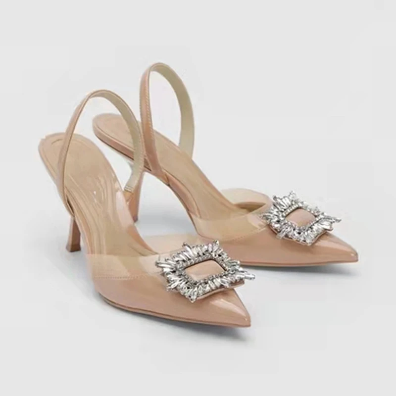 Brand Designer Silver High Heels Sandals 2024 Summer Crystal Square Buckle Woman Pointed Toe Slingbacks Party Shoe