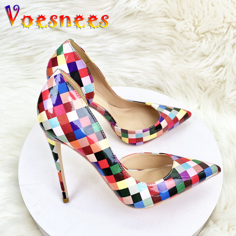 Summer Colorful Grid High Heels Pumps High Quality 12CM Party Women Shoes Club Fashion Slip-on Pointed Toe Stilettos Plus Size