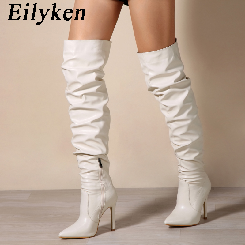 Eilyken Sexy Pleated Motorcycle Over The Knee Boots Women Fashion Pointed Toe Zipper Thigh High Long Stiletto Heel Ladies Shoes 5ebb