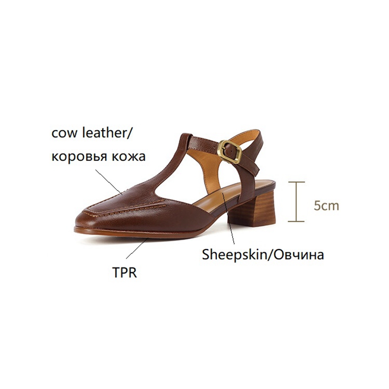 Summer 2022 Square Toe Chunky Sandals Genuine Leather High Heel Mary Janes Concise Shoes for Women 7088