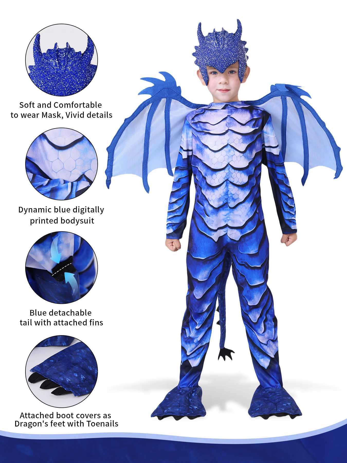 Boy Frost Blue Dragon Knight jumpsuit childrens Halloween carnival themed party costume with wing tail mask W240914