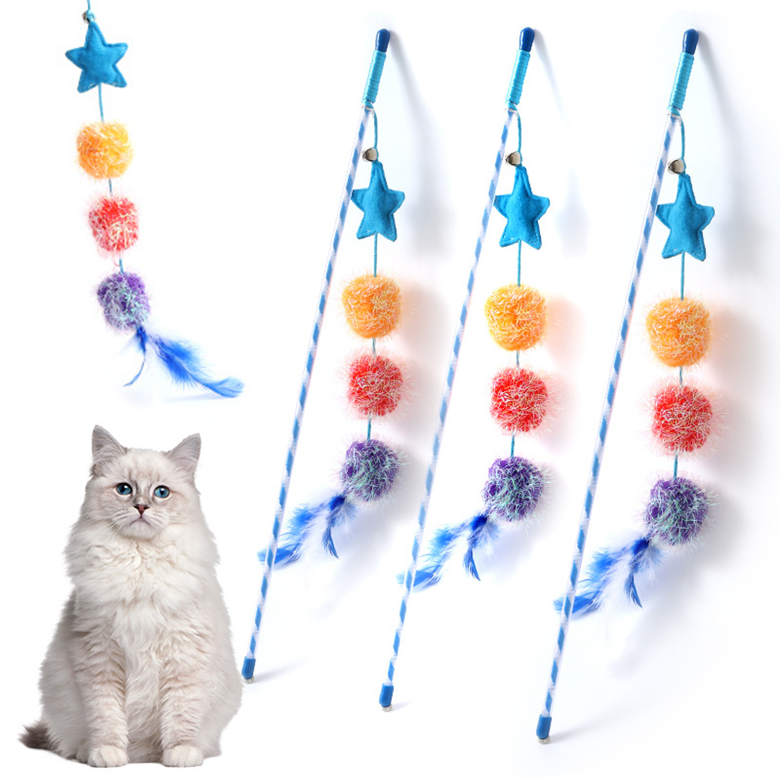 Felt Star Feather Teaser Stick Colorful Soft Hairball Star Cat Teaser Stick For Home Blue