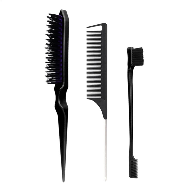 3Pcs Slick Back Hair Brush Set Bristle Teasing Comb for Women Baby Kids Black 240911