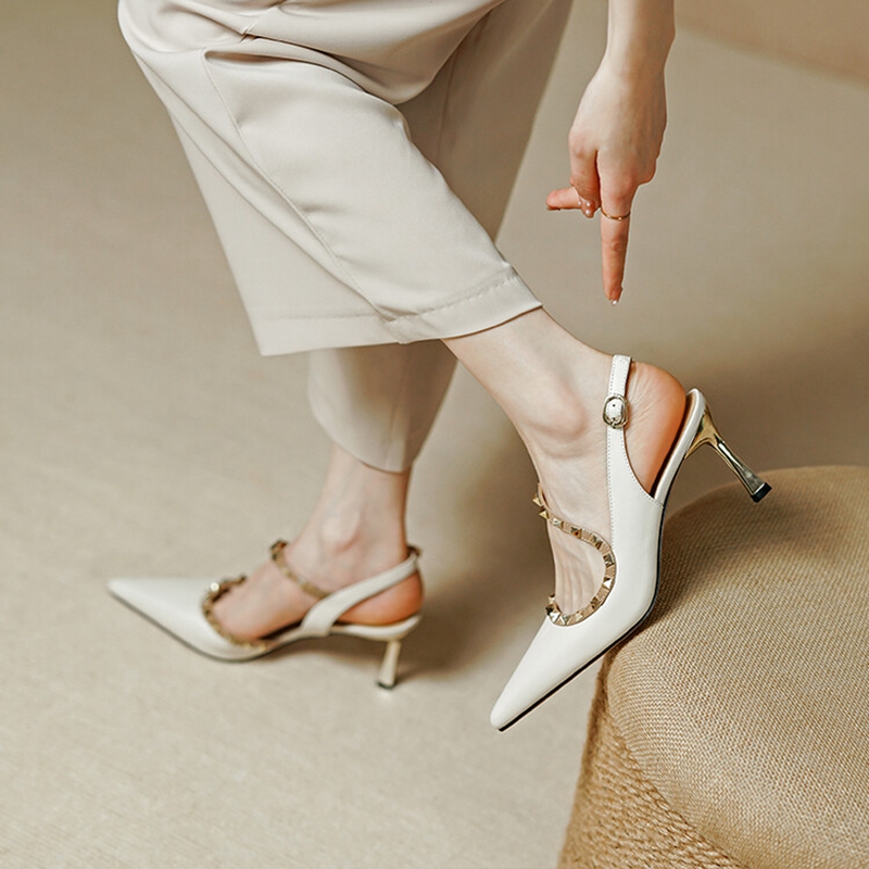 NEW Summer/Spring Women Shoes Pointed Toe Thin Heel Sandals Rivet High Heels Concise Genuine Leather Shoes Dress Shoes for Women