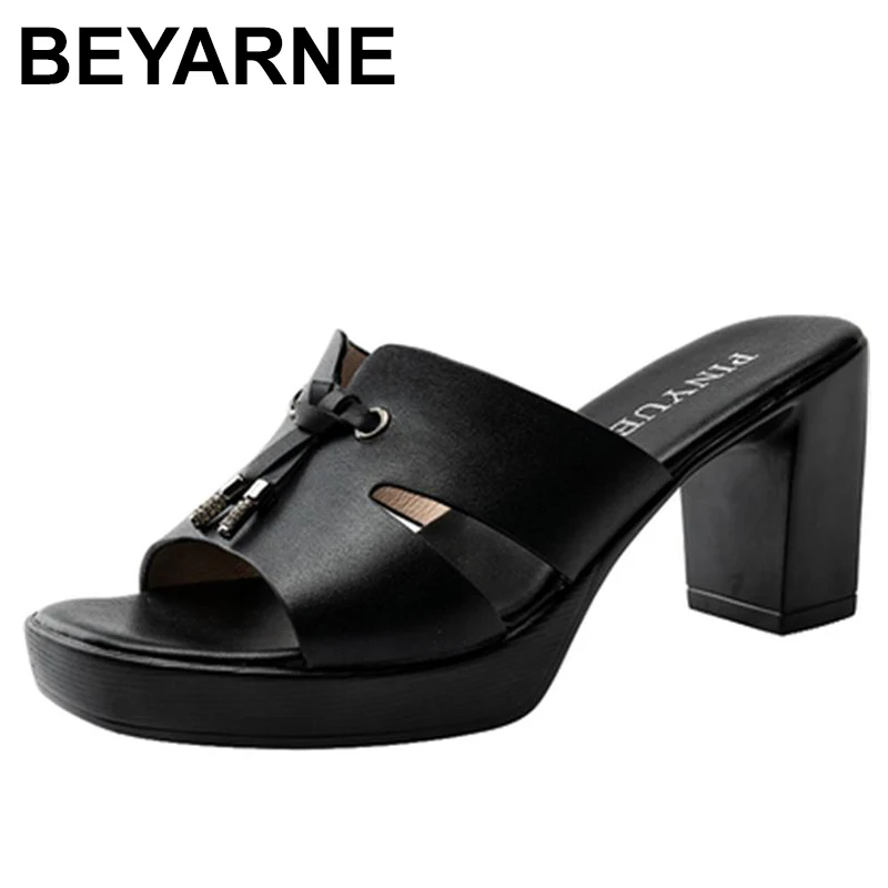 Small Size 35-41 Elegant Knot Block High Heels Slides Women Platform Shoes Summer Outside Model Office Thick Sole Slippers