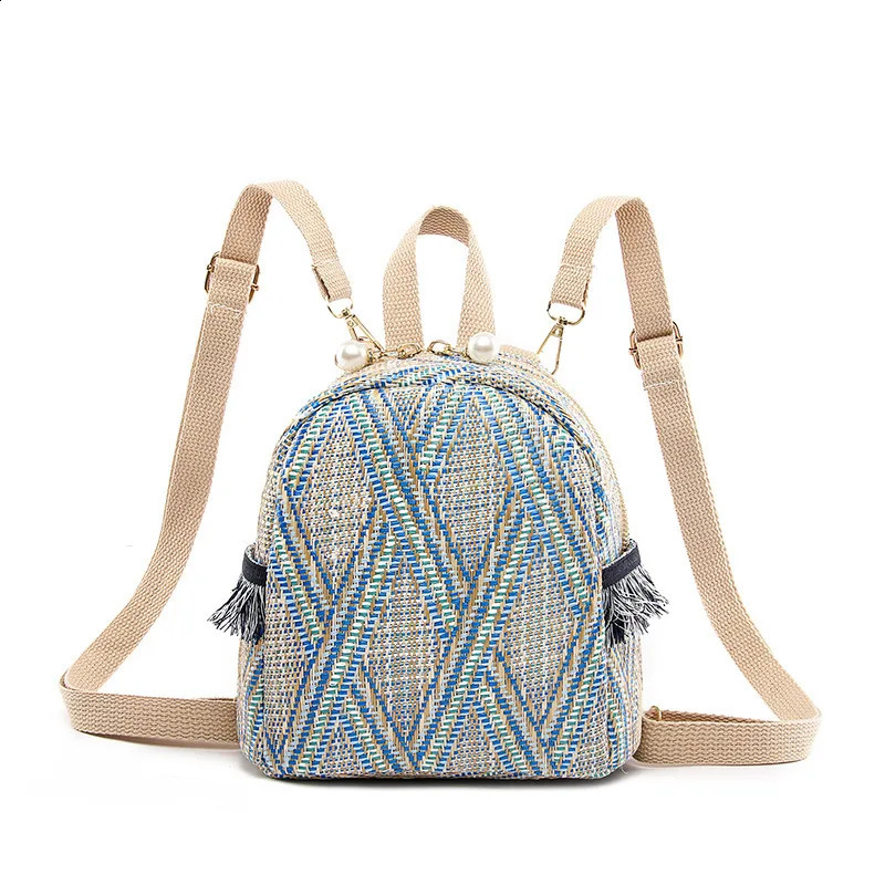 Womens Grass Backpack Geometric Tassel Travel Bag Korean Edition Student Bag Casual Zipper Soft Backpack 240912