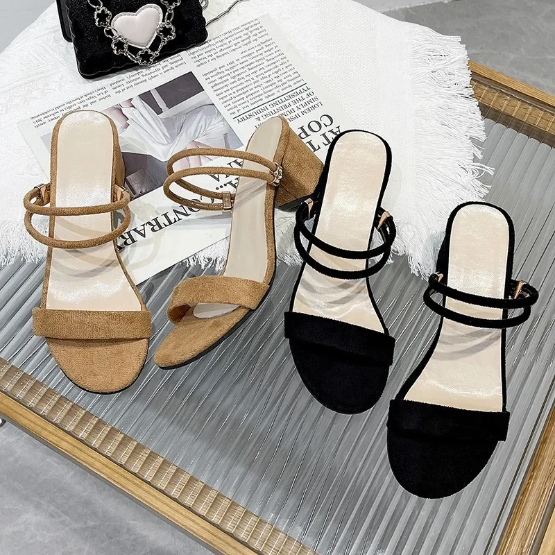 2024 summer Female open-toed wild thick suede med heels two wear sandals with New female Sandalias 2118
