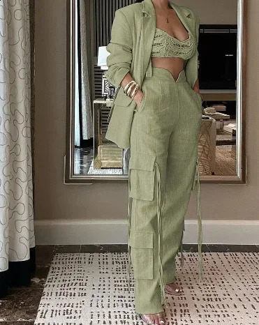 Two piece womens commuting set solid long sleeved lapel top wide leg pants with multiple pockets 240913