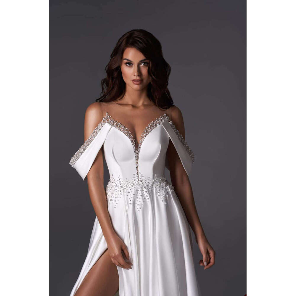 Gorgeous Wedding Dresses A-E V-Neck Split Off The Shoulder Pearls Or-Length Long Bridal Gown Vestido De Novia Custom Made 0228Lz