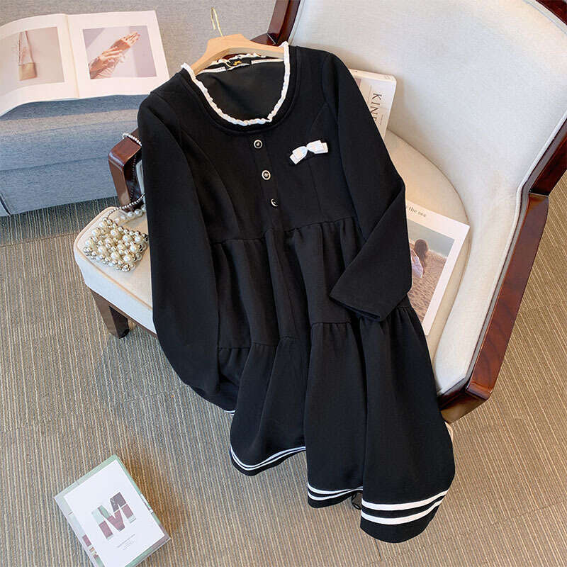 150Kg Plus Size Women's Bust 145 Spring Autumn Loose Long Sleeve Simple Small Black Dress 3Xl 4Xl 5Xl 6Xl 7Xl 8Xl