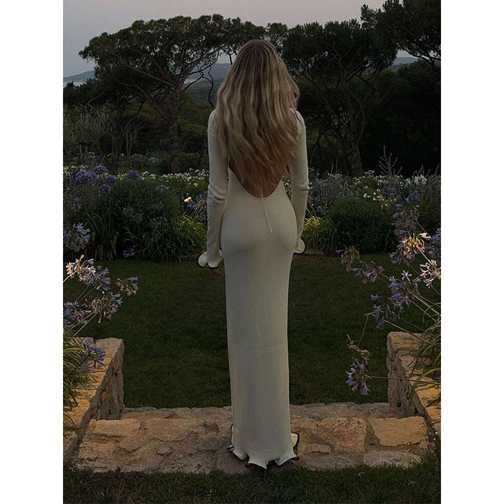 Women Fashion Boat Neck Knitted Dress Elegant Long Sleeves Backless Lace Up Slim Dresses 2024 New Autumn Female High Streetwear