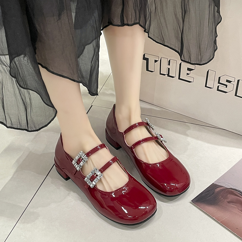 Women's Flats Patent Leather Mary Janes Shoes Square Toe Double Buckle Designer Shoes Black Red Low Heels Female Autumn