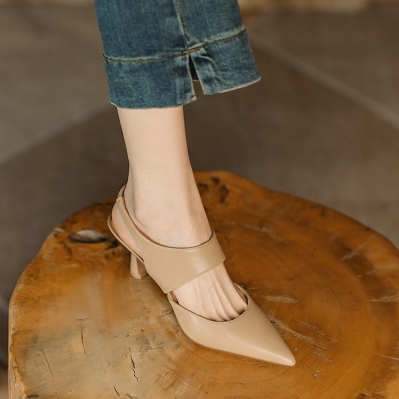 Summer Sandals Women Genuine Leather Shoes for Women Retro Slip-On Women Pumps Pointed Toe Heels Shoes Women Zapatos De Mujer
