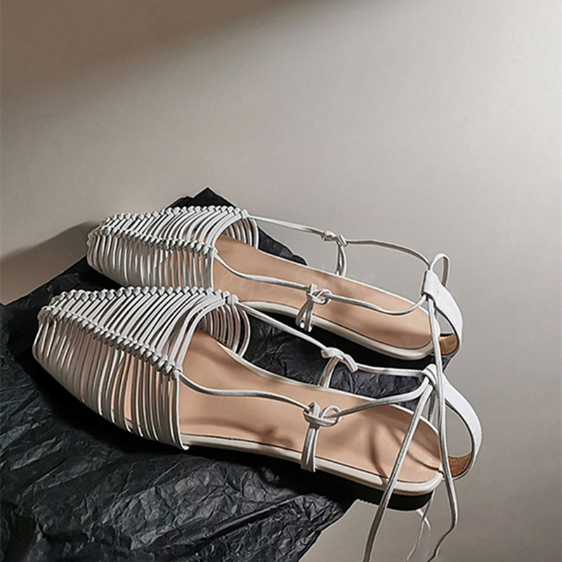 Strappy Hollow Shoes Sandals for Women Silver Golden Sheepskin Leather Roman Sandals Frmale Summer Flat Bottomed Woven Sandals