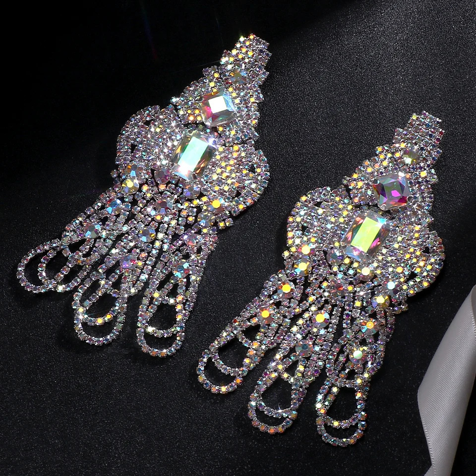 Statement Colorful Hollow Exaggerate Earrings Multilayer Prom Jewelry Elegant Large Rhinestone Dangle Earrings Christmas Gift 240914