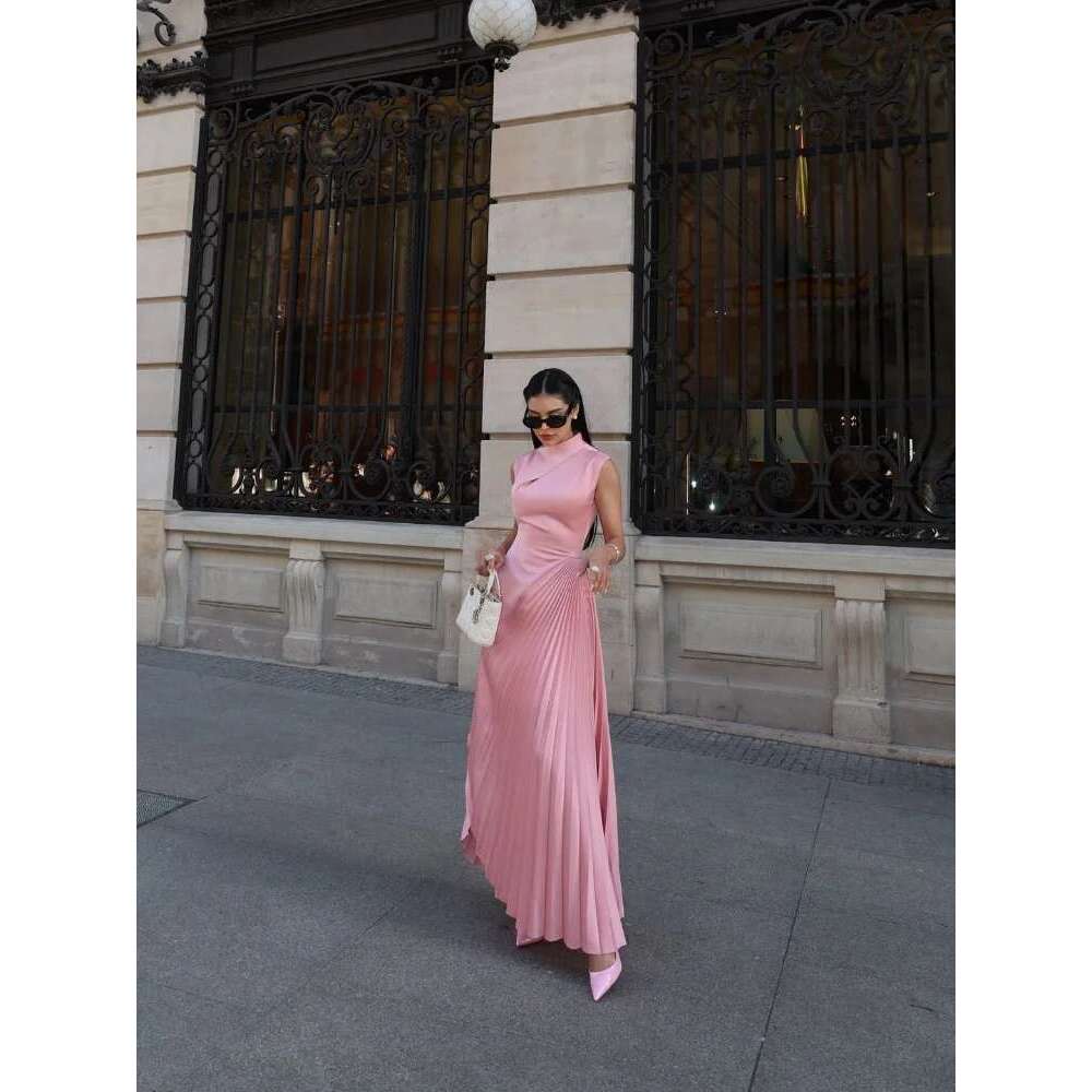 Elegant Pink Pleated Long Dresses Fashion O Neck Sleeveless High Waisted Slim Women's Dress Chic Ladies New Evening Vestidos