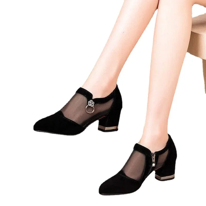 Women Summer High Heel Mesh New Breathable Pumps Zip Pointed Quality Toe Thick Heels Fashion Female Dress Shoes Elegant Footwear E3d4 S