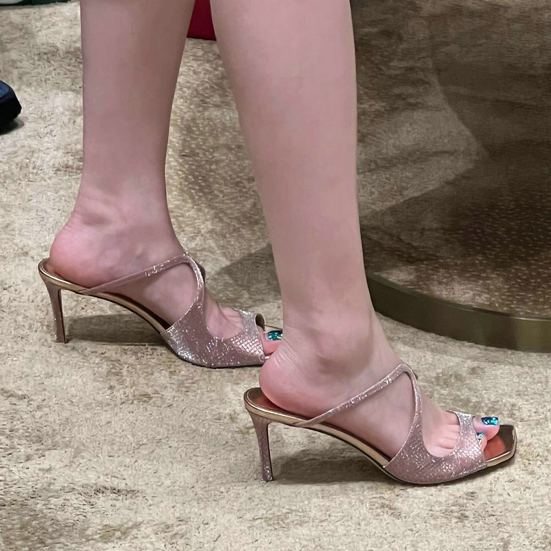 2024 Summer New Sexy Open Toe Slippers Women Cross Belt Sequin Square Heel Fashion High Heels