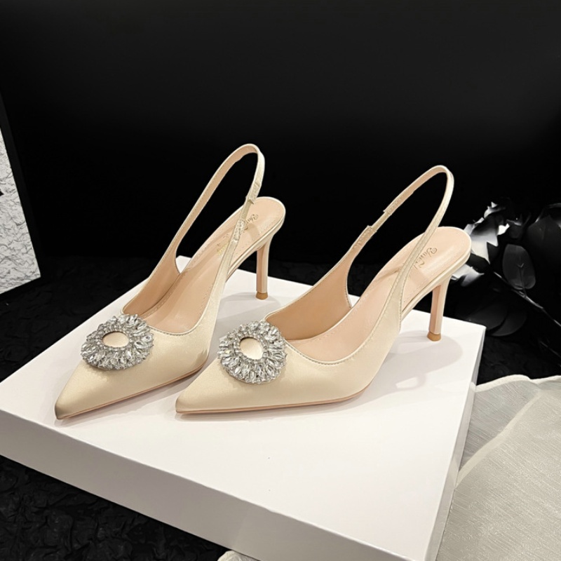 2024 New French Pointy High-heeled Stiletto Rhinester Satin Korean Fashion Round Crystal Buckle Women's Sandals