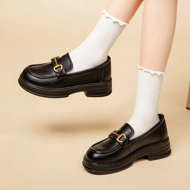 Metal Buckle British Style Small Leather Shoes For Women New Design Korean Style Single Shoes Women's Jk Loafers