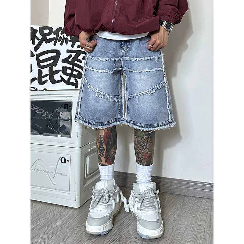 American High Street Mens Wide Leg Denim Shorts Summer 2023 New Fashion Casual Baggy Short Jeans Male Chic Burrs ClothesX240914
