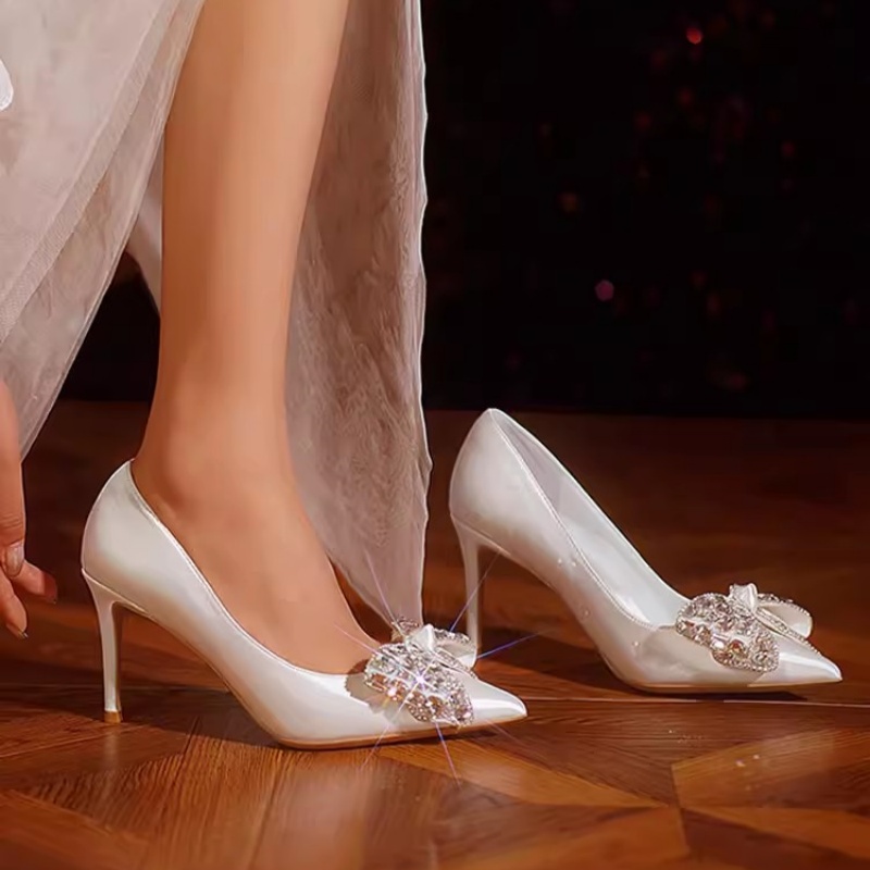 Woman High Sense French Wedding Shoes Satin White Main Wedding Bridal Shoes Bow Engagement High Heels