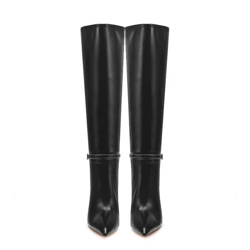 New Solid Color Belt Buckle Decoration High Heels Knee High Boots European American Fashion Pointed Spicy Women Boots Size 35-46